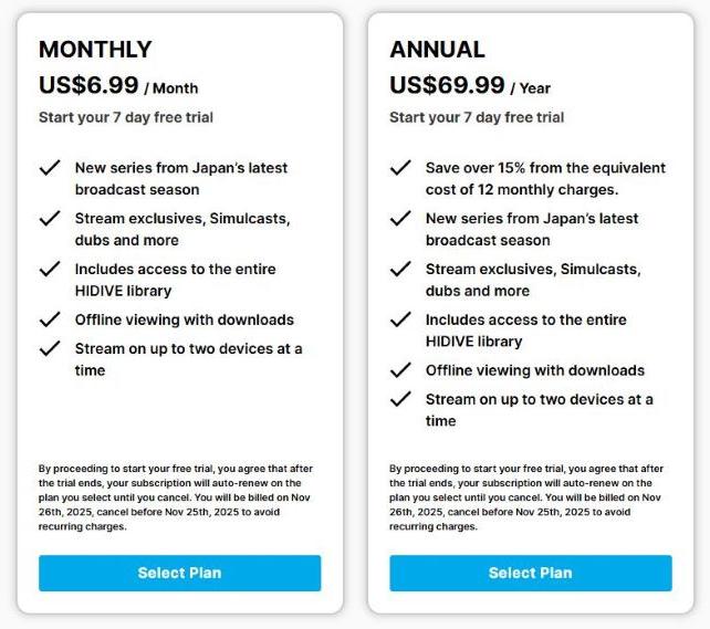 hidive vs crunchyroll HIDIVE price