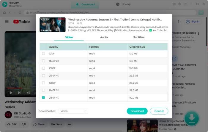 choose video quality audio and subtitles for MP4 download